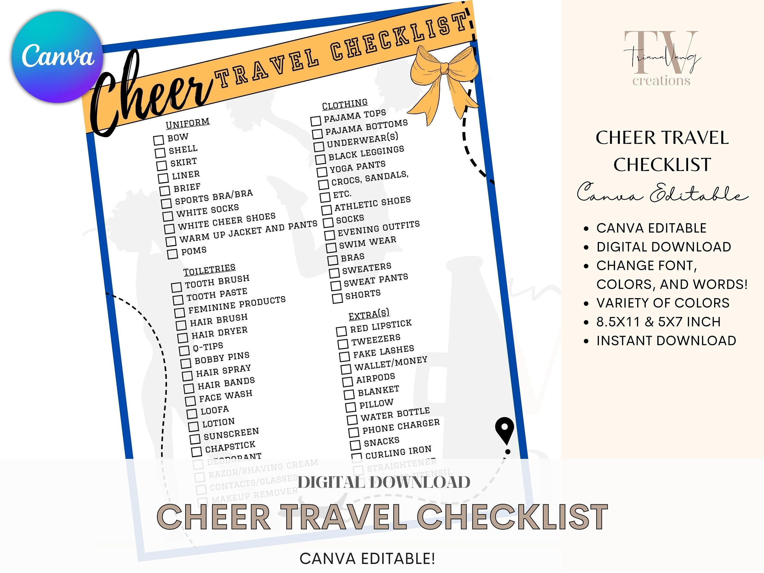 Cheer Travel Checklist, Cheer Camp, Cheer Competition, Instant Download