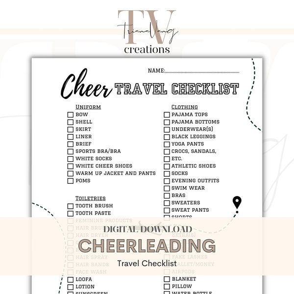 Cheer Travel Checklist, Travel Packing List (PDF + INSTANT DOWNLOAD)