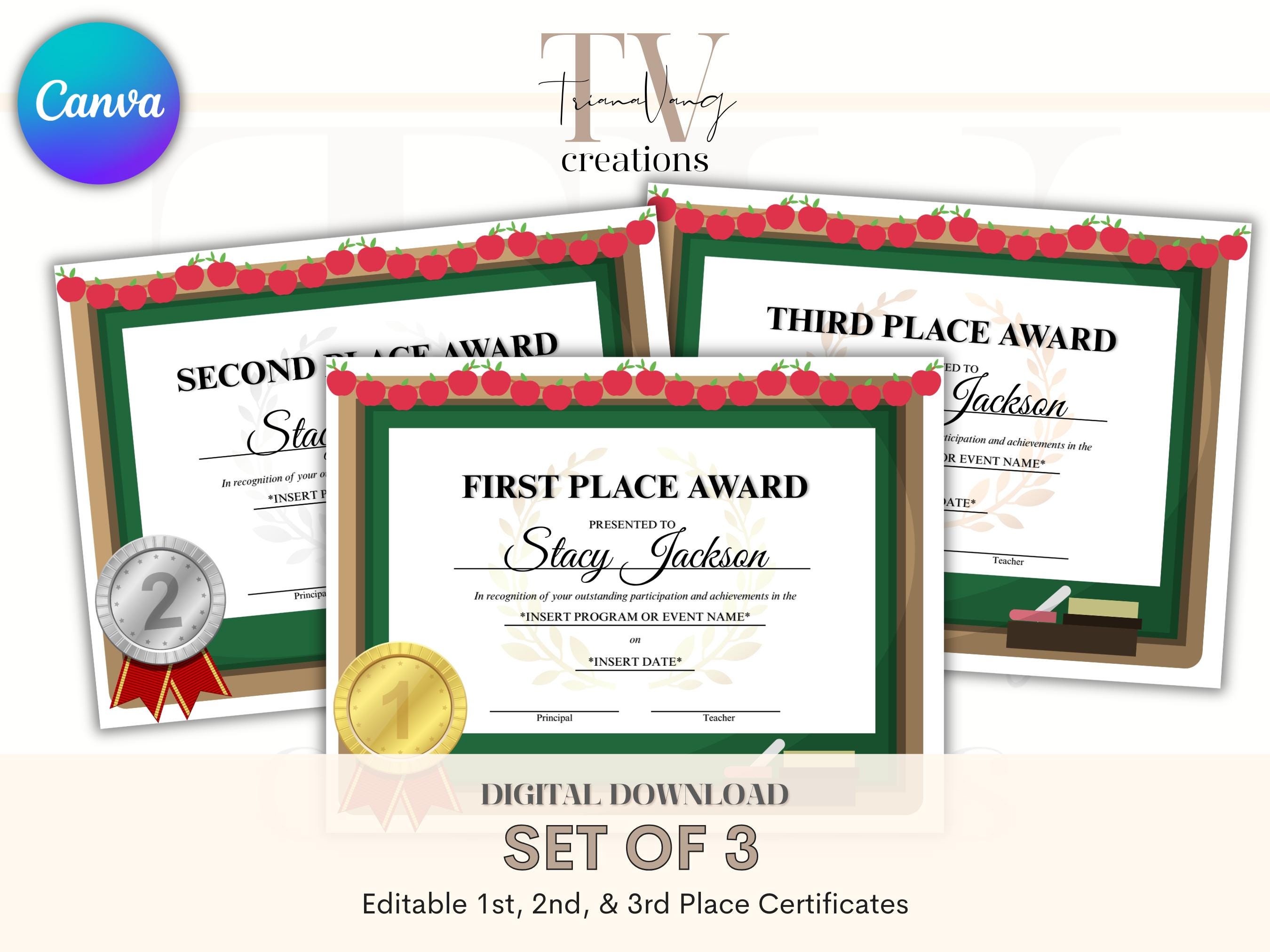 Editable 1st 2nd and 3rd Place Certificates Student Recognition 1st