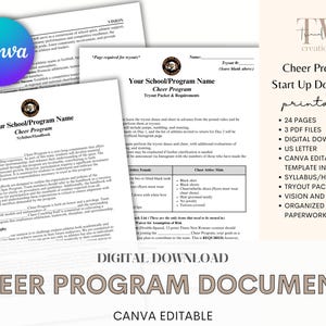 May include: Printable cheer program start-up documents with 24 pages, 3 PDF files, a digital download, a US letter template, and a Canva editable syllabus/handbook. The documents include a tryout packet, vision and goals, and organised paperwork.