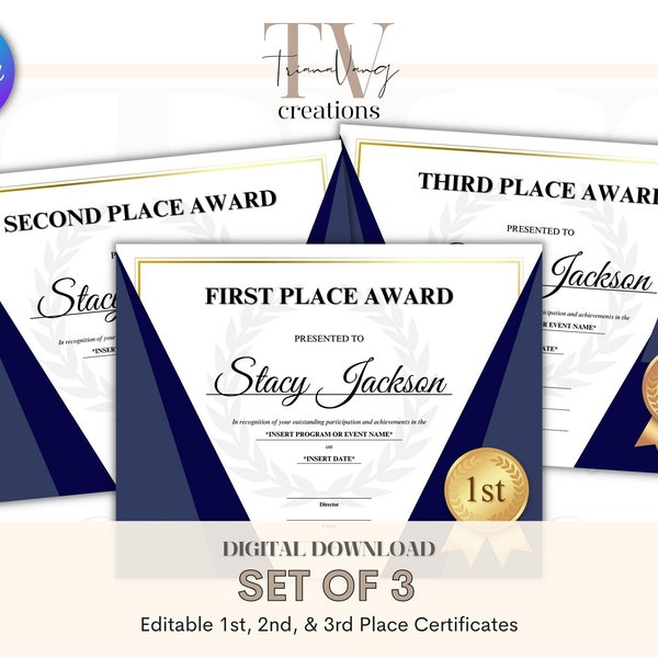 Editable 1st, 2nd, and 3rd Place Certificates, Student/Athlete Recognition, 1st Place, 2nd Place, 3rd Place, Customizable, Canva Editable