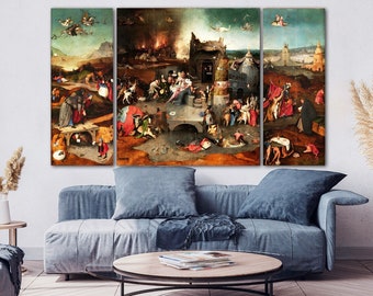 May include: A three-panel wall art set featuring a detailed reproduction of a complex historical painting. The artwork displays a dark, surreal landscape filled with numerous small figures, architectural structures, and fiery elements in shades of brown, green, and red.