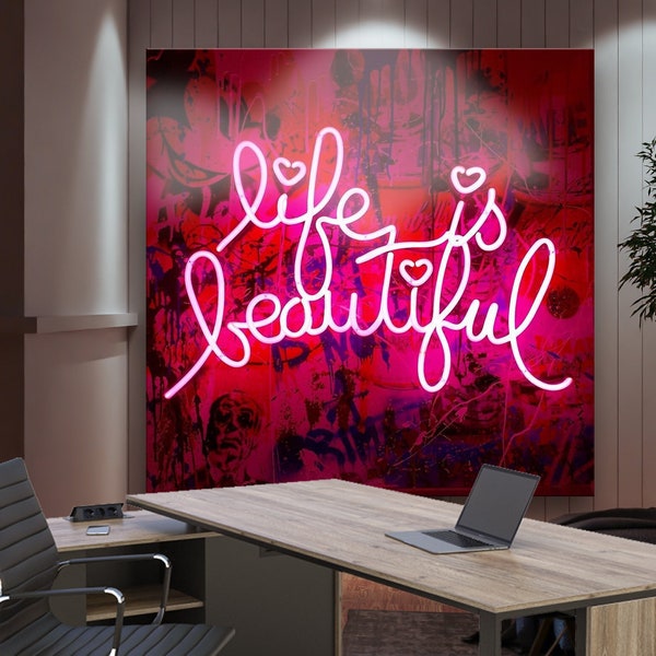 Das Leben ist schön Neon Style Druck auf Leinwand Helle Moderne Extra Große Wand Kunst Graffiti Urban Pop Art Original Büro Wand Dekor Liebe Geschenk