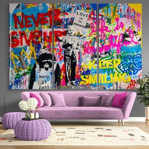 Never give Up Urban Graffiti Print on Canvas Bright Colorful Living Room Pop Art Wall Decor Ready to Hang Painting Best Housewarming gift