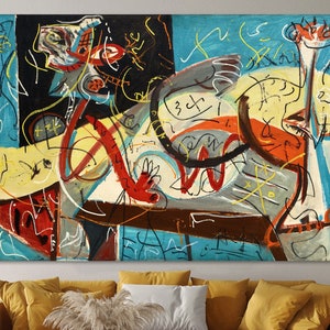 May include: A large rectangular canvas painting featuring an abstract composition with bold black, bright blue, yellow, and red brushstrokes. The artwork displays complex, swirling lines, geometric shapes, and organic forms layered across the surface.