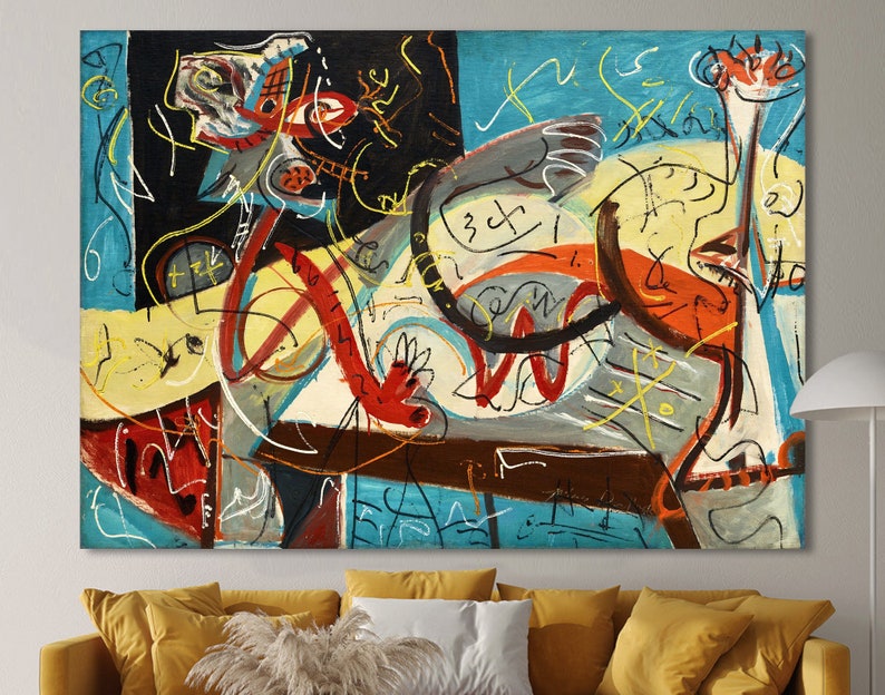 May include: A large rectangular canvas painting featuring an abstract composition with bold black, bright blue, yellow, and red brushstrokes. The artwork displays complex, swirling lines, geometric shapes, and organic forms layered across the surface.