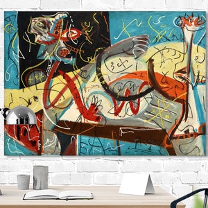 May include: A rectangular canvas painting featuring an abstract composition with bold black, red, yellow, and turquoise blue paint strokes. The artwork displays chaotic, gestural lines, geometric shapes, and layered textures across a vibrant, multi-colored surface.