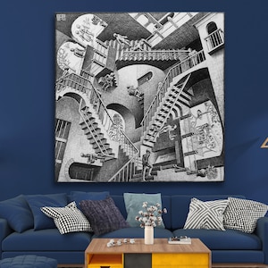 M.C. Escher Relativity Print on Canvas Bright Living Room Modern Abstract Surrealism Vintage Wall Art Painting Ready to Hang Love gift