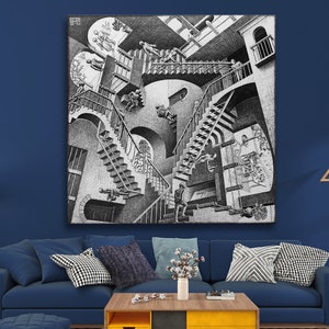 M.C. Escher Relativity Print on Canvas Bright Living Room Modern Abstract Surrealism Vintage Wall Art Painting Ready to Hang Love gift