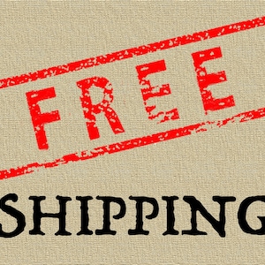 May include: A textured beige background featuring the word FREE in a red, distressed, rectangular stamp outline, positioned diagonally above the word SHIPPING, which is written in a bold, black, serif font centered below the stamp.