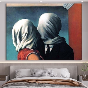 René Magritte Les amants || Impression sur toile, impression d&#39;art contemporain aux couleurs vives, décoration murale de salon, prête à accrocher, cadeau d&#39;art tendance