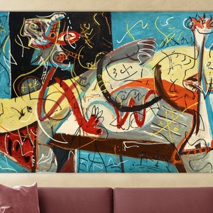 May include: A rectangular canvas painting featuring a complex composition of abstract shapes and lines in black, white, bright blue, yellow, and red. The artwork displays layered geometric forms, curved strokes, and scribbled markings across the surface.