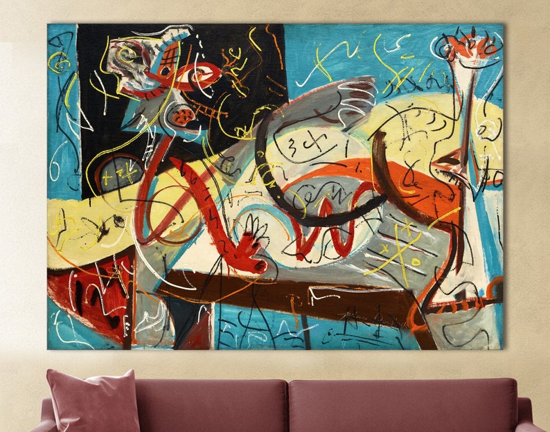 May include: A rectangular canvas painting featuring a complex composition of abstract shapes and lines in black, white, bright blue, yellow, and red. The artwork displays layered geometric forms, curved strokes, and scribbled markings across the surface.