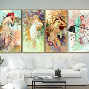 The Seasons de Alphonse Mucha Impressão de arte de parede em tela extra grande, brilhante, colorida, vintage, decoração de parede para sala de estar, pronta para pendurar, presente de dia das mães