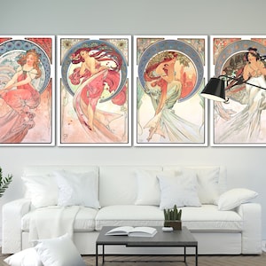 Très grande toile murale The Arts by Alphonse Mucha, impression d'art mural vintage coloré aux couleurs vives pour le salon, prête à accrocher, cadeau de fête des mères