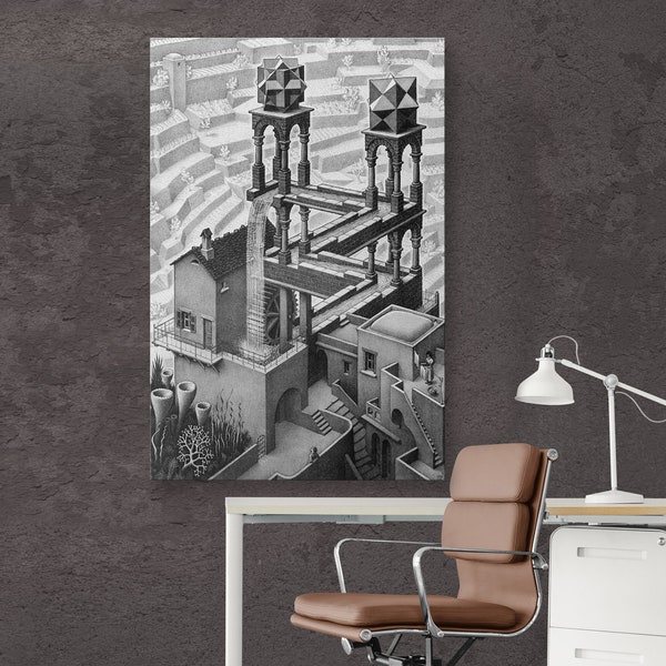 M.C. Escher Waterfall Print on Canvas Bright Living Room Modern Abstract Surrealism Vintage Wall Art Painting Ready to Hang Wedding Gift