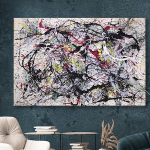 Jackson Pollock No. 48 Impressão em tela brilhante e colorida para sala de estar, extra grande, decoração de parede abstrata, pronta para pendurar, melhor presente de inauguração de casa