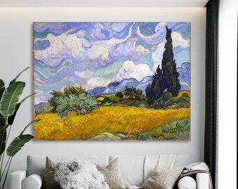 Vincent van Gogh Wheat Field with Cypresses Print on Canvas Bright Colorful Classic Wall Art Decor Ready to Hang Trendy Art Wedding Gift