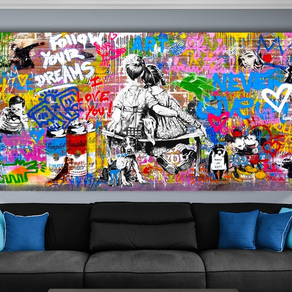 Volg je dromen motivatie heldere kleurrijke stedelijke graffiti print op canvas klaar om tienerkamer muur decor hedendaagse kunst cadeau op te hangen