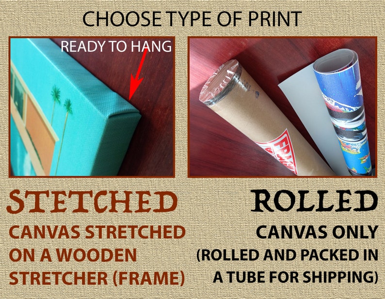 May include: A comparison of two print types: a stretched canvas on a wooden frame labeled READY TO HANG and STRETCHED CANVAS STRETCHED ON A WOODEN STRETCHER (FRAME), and a rolled canvas labeled ROLLED CANVAS ONLY (ROLLED AND PACKED IN A TUBE).