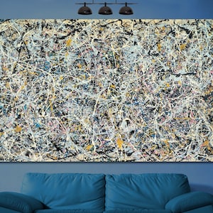 Puede incluir: Pintura abstracta con fondo blanco y líneas negras, azules y amarillas. Las líneas son gruesas y finas, y crean un patrón caótico y enérgico.