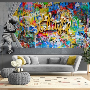Behind the Curtain Life is Beautiful Print Canvas Urban Street Art Bright Graffiti Wall Decor Ready to Hang Modern Kids Wall Art Gift