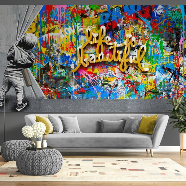 „Behind the Curtain Life is Beautiful“-Druck auf Leinwand, urbane Straßenkunst, helle Graffiti-Wanddekoration, fertig zum Aufhängen, modernes Wandkunst-Geschenk für Kinder