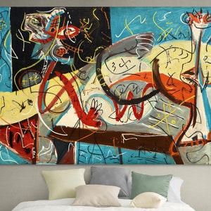 May include: A large rectangular canvas painting featuring an abstract composition with bold black, red, yellow, and blue brushstrokes. The artwork displays chaotic, swirling lines, geometric shapes, and organic forms layered over a vibrant, multi-colored background.
