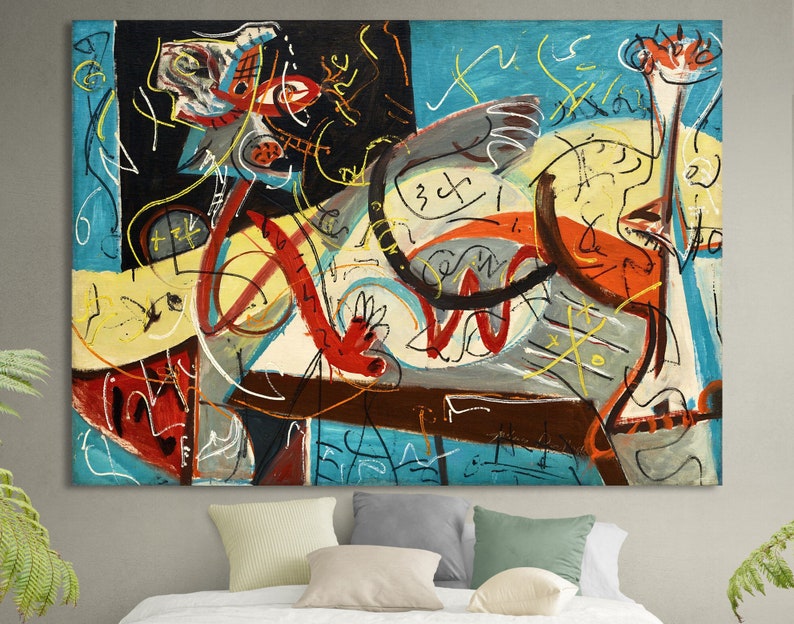 May include: A large rectangular canvas painting featuring an abstract composition with bold black, red, yellow, and blue brushstrokes. The artwork displays chaotic, swirling lines, geometric shapes, and organic forms layered over a vibrant, multi-colored background.