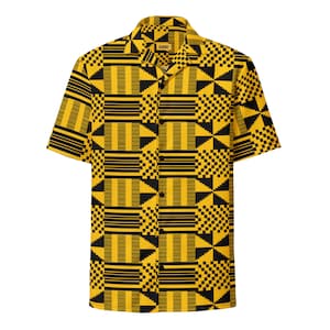 Bold Fenuku Kente Shirt – African Print Unisex Button Down – Black & Yellow Geometric Tribal Shirt – Festival Outfit – Ankara Style Top