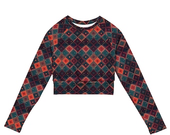 Top corto de manga larga reciclado Ayana – Camisa ecológica para festivales con estampado africano – Moda sostenible con diseños geométricos llamativos para mujer