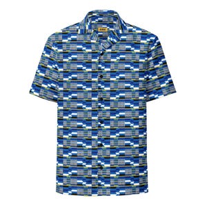 Bold Fenuku Kente Shirt – African Print Unisex Button Down – Blue & White Geometric Tribal Shirt – Festival Outfit – Ankara Style Top