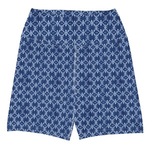 May include: Blue and white patterned shorts with a high waist.