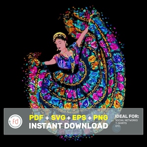 May include: A colorful illustration of a woman in a traditional Mexican dress, with a large, flowing skirt and floral patterns. The woman is dancing with her arms outstretched, and her skirt is swirling around her.