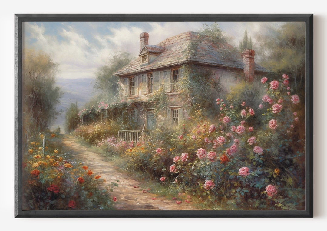 Cottage Oil Painting, Rose Garden Wall Art, Summer Vintage Muted Print ...