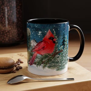 Winter Cardinal Accent Mug (11oz., 15oz.), Christmas Coffee Cup, Holiday Drinkware, Cardinal Lover Gift, Winter Scene Mug, Christmas
