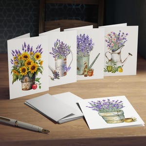 Lot de 5 cartes de correspondance vierges - « Lavande dans des arrosoirs », lot de cartes de voeux florales - fleurs et arrosoirs, remerciements, fête des mères