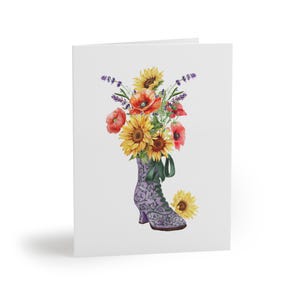 Exemplaire du lot de 8 cartes de correspondance « Chaussure violette avec fleurs », lavande, tournesols et coquelicots, jeu de cartes, notes de remerciement