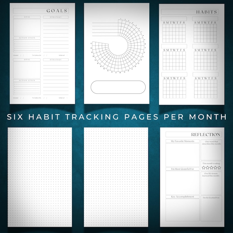 May include: Six black and white printable pages for habit tracking. The pages include sections for goals, habits, and reflection. The pages are designed to help you track your progress and stay motivated.