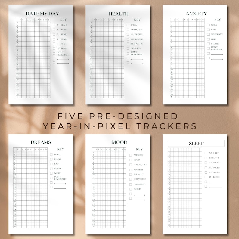 May include: Five printable year-in-pixel trackers for tracking dreams, mood, sleep, health, and daily rating. Each tracker has a grid with a key for different options.
