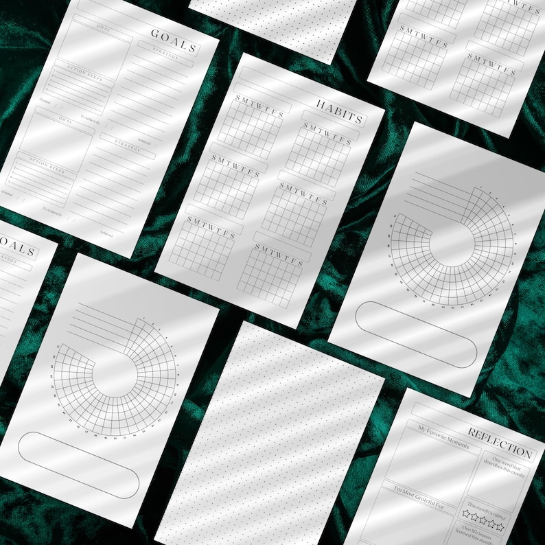 May include: A set of printable planner pages with a green velvet background. The pages include sections for goals, habits, reflection, and a weekly tracker. The pages are designed to help you stay organized and on track with your goals.