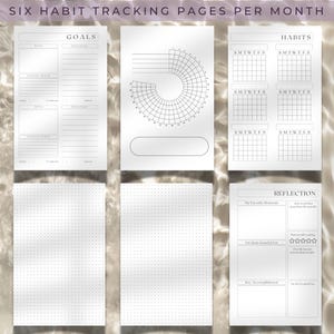 May include: Six printable pages for habit tracking, goal setting, and reflection. The pages include sections for goals, strategies, action steps, habits, favorite moments, gratitude, accomplishments, and a monthly reflection.