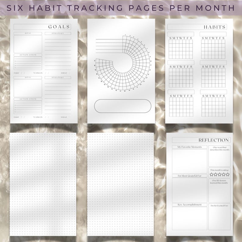 May include: Six printable pages for habit tracking, goal setting, and reflection. The pages include sections for goals, strategies, action steps, habits, favorite moments, gratitude, accomplishments, and a monthly reflection.
