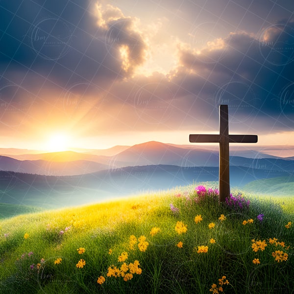 Easter Composite -  Complete Edit in Photoshop: Sunrise Cross with Yellow Flowers