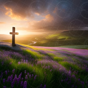 May include: A wooden cross stands tall on a grassy hilltop, bathed in the golden light of a setting sun. Purple wildflowers bloom in the foreground, creating a peaceful and serene scene.