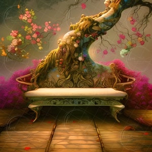 Peut inclure: Un banc blanc aux détails dorés ornés se trouve dans un décor de forêt fantaisiste. Le banc est entouré d'une végétation luxuriante, de fleurs roses et d'un grand arbre au tronc tordu.