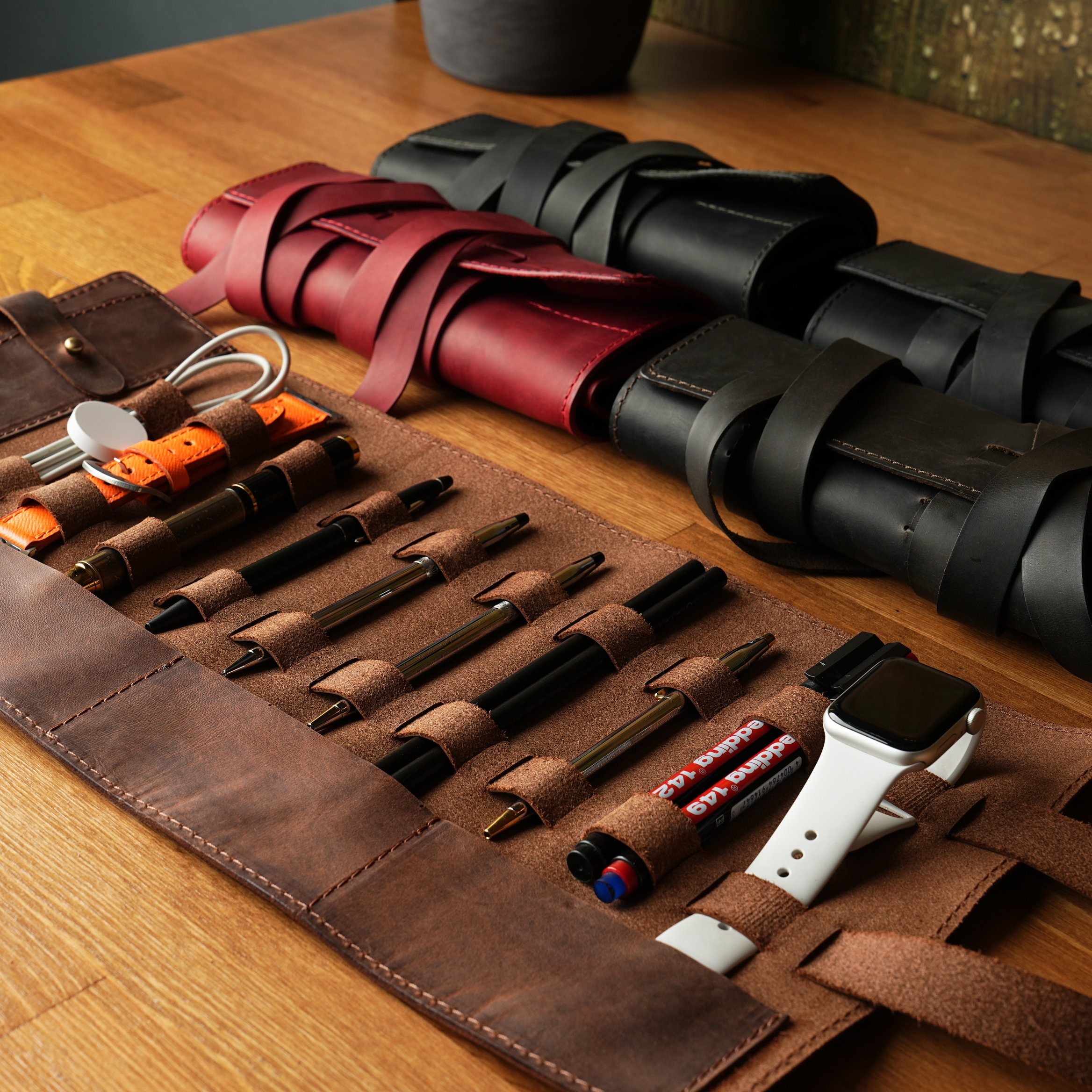 Leather Pencil Roll up Pencil Case Soft Top Grain Leather Pen Holder