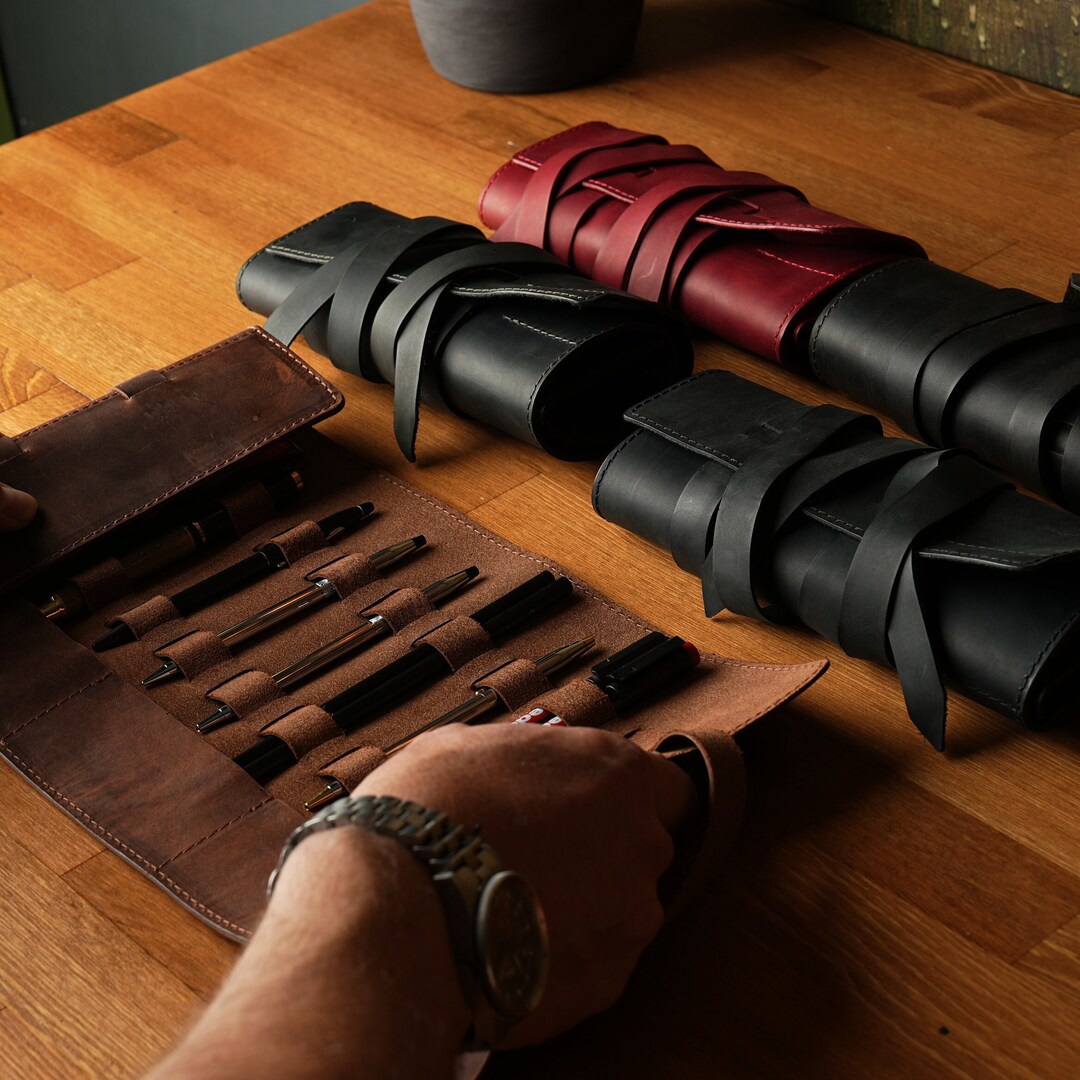 Leather Pencil Roll up Pencil Case Soft Top Grain Leather Pen Holder