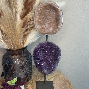 Amethyst Geodes on Metal Stand Pink Amethyst and Purple Amethyst