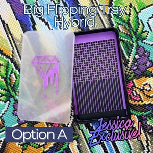 Big Flipping Tray Hybrid diamond art tray with lid and slider with purple diamond logo on a colorful background